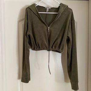 Olive velour cropped hoodie